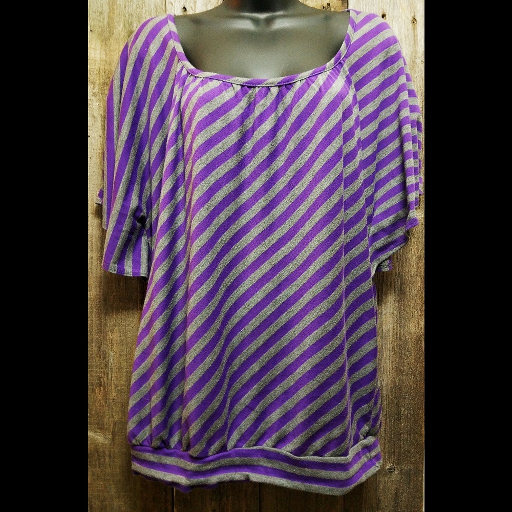 XL Purple & Gray Striped Blouson Top